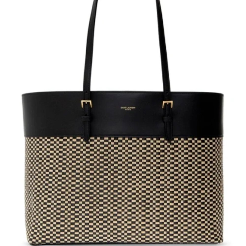 Saint Laurent Shopping Bag Boucle Raffia/ Leather Trim Tote